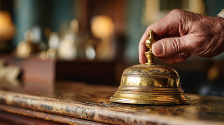 A person places their hand on a brass bell at a reception desk in a hotel. The setting shows a cozy interior filled with warm lighting and vintage decor.の素材