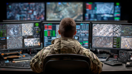 A person in military uniform sits at a desk surrounded by screens showing maps, data, and surveillance footage. The room is dimly lit and focused on the monitors.の素材