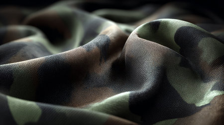 A close view shows fabric with a camouflage design. The cloth has folds and creases, allowing light to reveal its texture. This material can be used for clothing or other items.の素材
