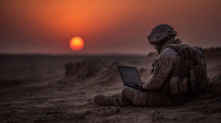 A soldier sits on the ground in a desert area during sunset. The soldier is focused on a laptop while the sun sets in the background, creating a silhouette effect.の素材