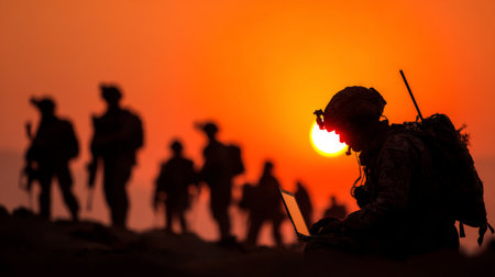 A group of soldiers stands in the desert at sunset. One soldier sits on the ground using a laptop while others walk behind him. The sun is low on the horizon.の素材