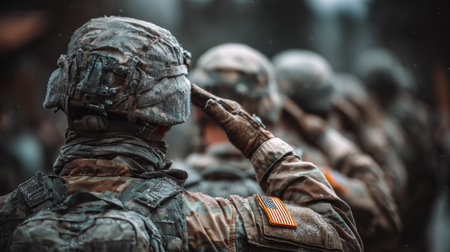 Soldiers stand in line, saluting while wearing winter uniforms at a military base. The scene shows dedication and respect during a formal event in cold conditions.の素材
