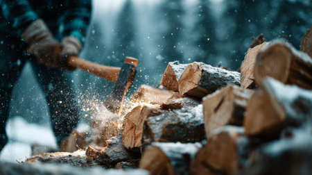 A person swings an axe to chop wood in a snowy forest. Snowflakes fall as the axe strikes the logs. The setting is winter and the trees surround the area.の素材