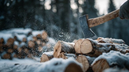 An axe is lifted above a log in a snowy forest. Snowflakes fly as the axe descends, hitting the wood. Stacked logs are seen in the background under trees.の素材