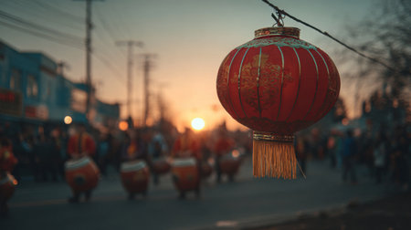 A red lantern is visible in the foreground while a festival is taking place in the background. People gather to watch drum performers as the sun sets.の素材