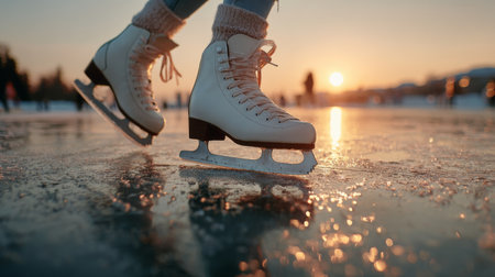Skater glides on ice as the sun sets in a public outdoor rink. People enjoy the winter scene, and warm light reflects on the frozen surface.の素材