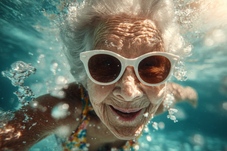 Elderly woman swims underwater with sunglasses and smiles in a pool during daytimeの素材