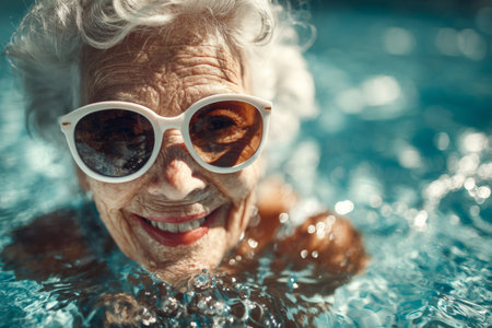Senior woman swims in pool and enjoys sunny day with sunglasses on her face while smiling and splashing waterの素材