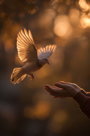 Hand extends to bird in flight during sunset with warm light in backgroundの素材