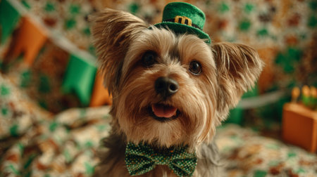 A small dog with a green bow tie and tiny leprechaun hat sits happily in front of a colorful St. Patricks Day decoration. The scene is lively with vibrant colors and patterns.の素材