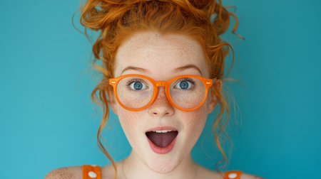 A young woman has a big smile, showing her joy. She wears orange glasses and has freckles. Her hair is styled in a knot. The background is blue, making the scene bright and lively.の素材