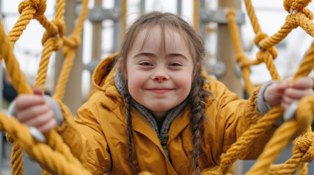 A young girl with Down syndrome enjoys herself on a playground. She smiles as she plays on a climbing structure while dressed in a yellow jacket. The setting is bright and cheerful.の素材