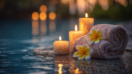 Candles glow softly next to a rolled towel and plumeria flowers at dusk near a pool. This setup encourages relaxation and well-being in a resort setting.の素材