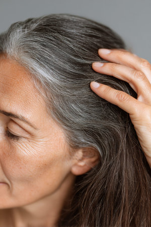 A person touches their hair, revealing grey streaks at the roots. This shows the natural aging process and concerns about changing hair color. The moment captures reflections on beauty and self-care.の素材