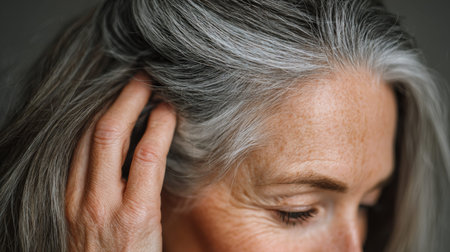 A person gently touches their hair, revealing grey streaks at the roots. This reflects the normal process of aging and common concerns about changing hair color.の素材