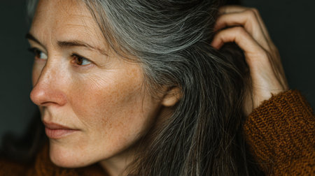 Person touches hair with grey streaks at the roots, showing changes due to natural aging. A moment of self-examination in a soft, natural light.の素材