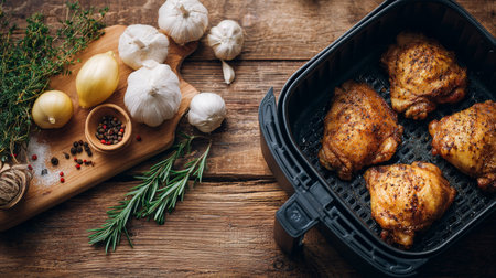 Crispy chicken thighs are cooking in an air fryer. Raw herbs, garlic, spices, and onions are arranged on a wooden table for a healthy homemade dinner.の素材