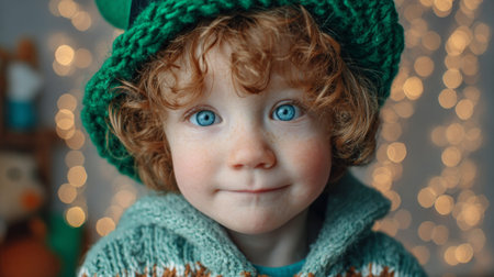 A young boy with red curly hair wears a green hat while smiling joyfully. The setting features festive lights that add charm for St Patricks Day.の素材