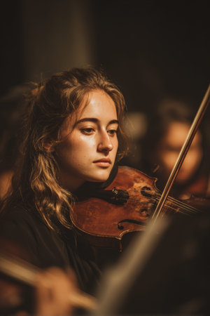 A female violinist plays her instrument with focus during a concert. She is part of an orchestra, surrounded by other musicians, creating classical music for the audience.の素材