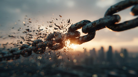 A heavy metal chain link breaks explosively. Fragments fly outward into a city skyline during sunset, showing the moment of connection failure and the struggle to overcome obstacles.の素材