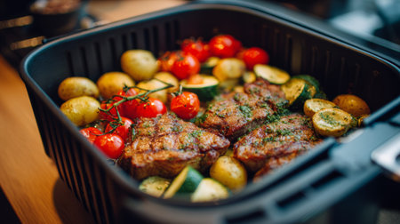 Dinner is being prepared in a modern kitchen using an air fryer. Meat and various vegetables are cooking together for a fit meal. This dish supports a balanced diet.の素材
