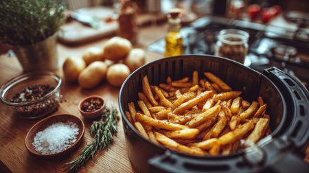 Someone cooks homemade french fries in an air fryer basket. Raw potatoes and spices are ready on the kitchen counter for a simple meal. Comfort food is being prepared in the kitchen setting.の素材