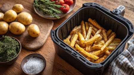 Homemade french fries are cooking in an air fryer basket. Raw potatoes and spices are on the kitchen counter. Someone is preparing comfort food in a simple setting.の素材