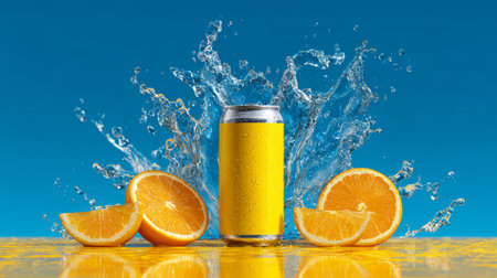 Golden orange slices sit beside a metallic can that has a splash of water around it. The bright blue sky creates a lively scene, perfect for summer drinks.の素材