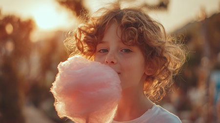 A child with curly hair smiles while holding pink cotton candy in a park. The warm sunlight creates a joyful atmosphere as the kid enjoys a sweet treat outside.の素材