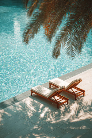 Two sunbeds sit next to a swimming pool. Clear water reflects the sky. Palm tree shadows fall on the tile. This scene shows summer leisure at a resort.の素材