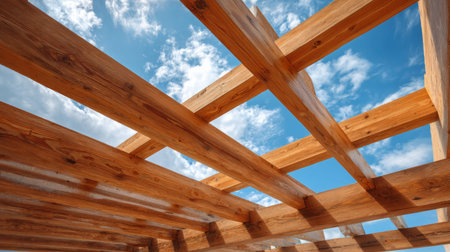 Wooden beams form a framework for a building under construction. The structure is made from engineered wood for residential or office spaces. It shows sustainable building methods.の素材