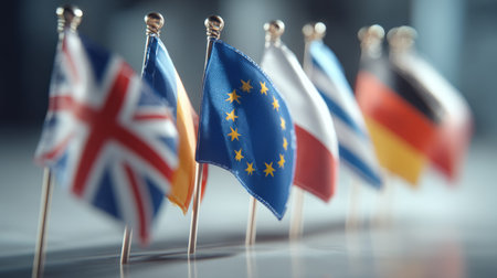 Various national flags stand on a table at a political meeting. The flags represent countries involved in discussions about unity and cooperation.の素材