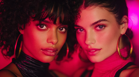 Two models are posing together in a studio with bright pink lighting. They are engaged in a playful interaction that highlights their poses and expressions.の素材
