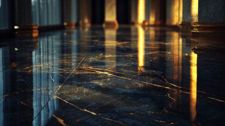 A glossy black marble floor shines with subtle gold veining and reflects ambient light in a large, elegant room with tall windows and a dramatic atmosphere.の素材