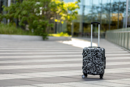 A suitcase stands alone on a stone path outside a modern building during daytime