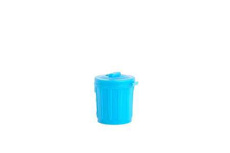 Blue plastic trash can isolated on whiteの写真素材