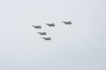 TEL AVIV, ISRAEL 2014 May 6  Israeli Air Force airplanes  five jet fighters  at air show parade, independence Day on May 6, 2014 in Tel Aviv, Israelのeditorial素材