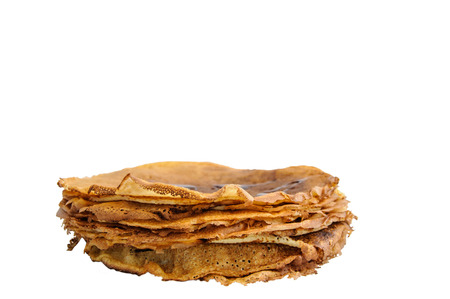 Stack of traditional russian thin pancakes isolated on white backgroundの写真素材