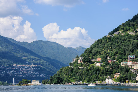 Panoramic view of the city of Como and mountains over the Lake Como, Lombardy, Italy.の写真素材