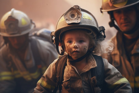 911 rescuer. A fire rescuer is a firefighter who rescues and evacuates people from fire, extinguishes fires and prevents similar incidents. fire, children, ruins, danger.の素材