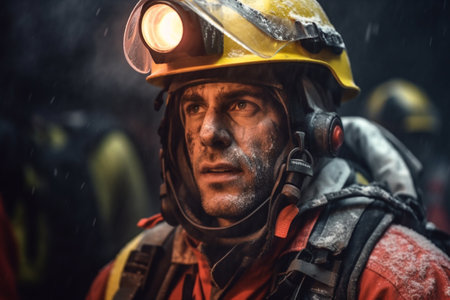 911 rescuer. A fire rescuer is a firefighter who rescues and evacuates people from fire, extinguishes fires and prevents similar incidents. fire, children, ruins, danger.の素材