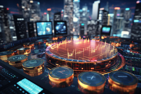 Cryptocurrency tokens. Digital market, electronic money. Bitcoin, Ripple, Litecoin, Zcash,Tether. Cryptocurrency digital active trading forex crypto analytics cyber graphの素材