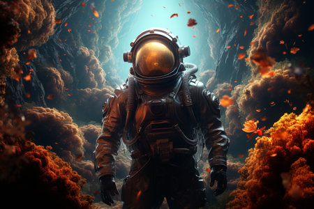 cosmonaut, astronaut, outer open deep space cosmos. person who tests and operates space equipment in space flight. stars, sun moon sky another planets scientists researchers poster banner backgroundの素材