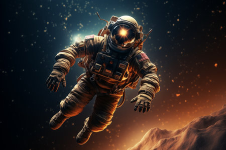 cosmonaut, astronaut, outer open deep space cosmos. person who tests and operates space equipment in space flight. stars, sun moon sky another planets scientists researchers poster banner backgroundの素材