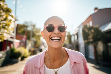 Cancer patient. Oncology, kindness, counseling and medical therapy. Bald person, modern medicine, care for the sick. A terrible diagnostic hopelessness, incomprehension. happy smileの素材
