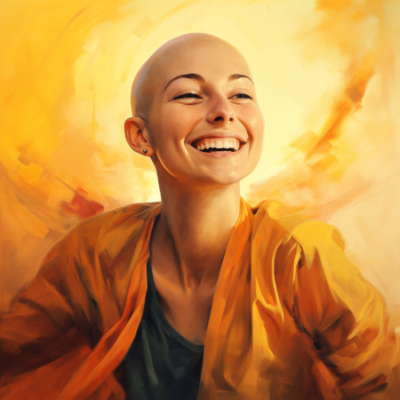 Cancer patient. Oncology, kindness, counseling and medical therapy. Bald person, modern medicine, care for the sick. A terrible diagnostic hopelessness, incomprehension. happy smileの素材