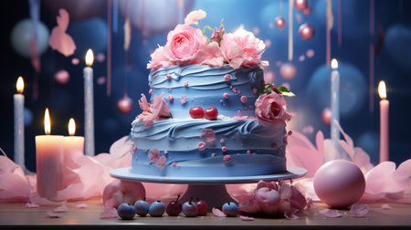 Gender reveal party, he or she, blue and pink colors, congratulations celebrate newborn baby pregnancy surprises baloons cake gifts confetti banner poster copy space background greeting cardの素材