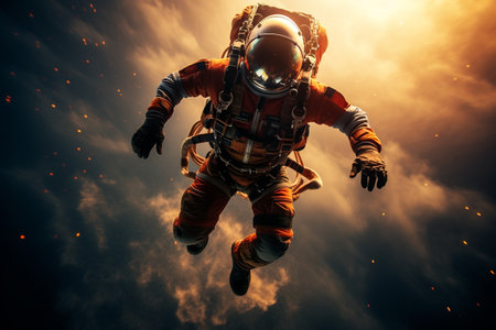 cosmonaut, astronaut, outer open deep space cosmos. person who tests and operates space equipment in space flight. stars, sun moon sky another planets scientists researchers poster banner backgroundの素材