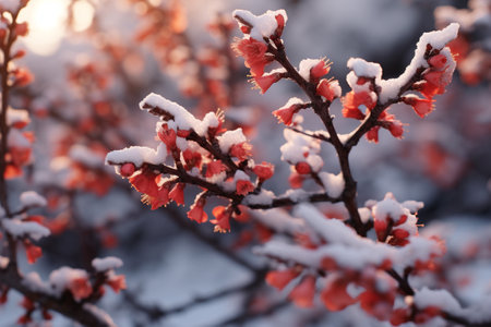 Winter nature uniquely beautiful, trees fading shining hoarfrost glistening snow, magical experience. Winter landscapes shimmering snow fields clear blue sky, incredible purity tranquility.の素材