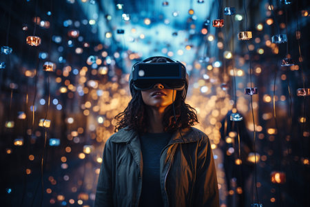 VR glasses helmet device that allows you to partially immerse yourself in the world of virtual reality, creating visual and acoustic effect of being present in a space defined by a control device.の素材